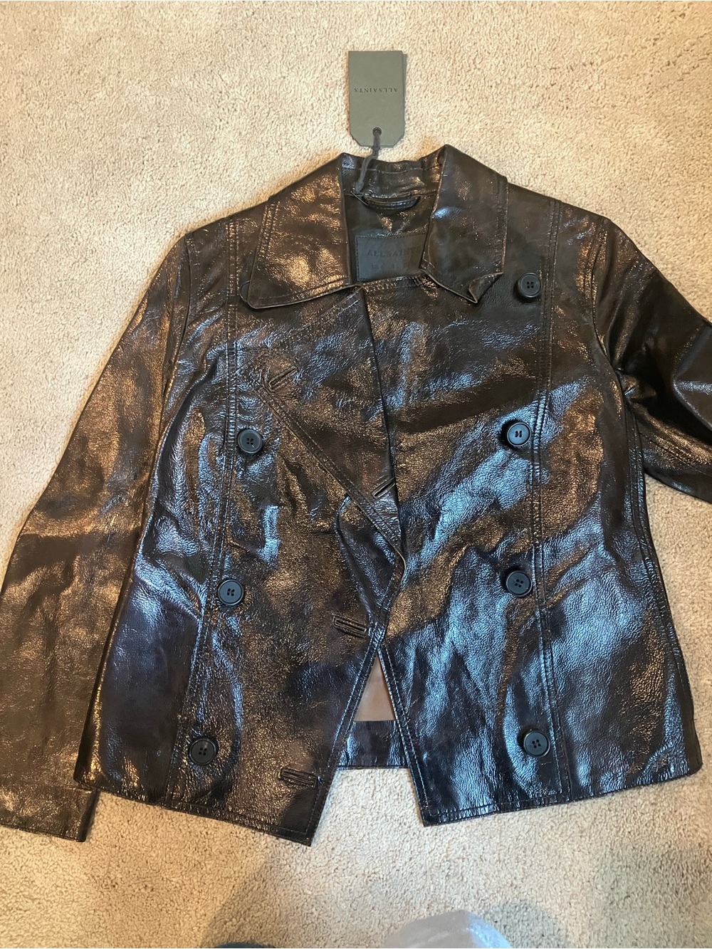 All Saints Black Shiny Double-Breasted Leather Jacket Cropped Runs Small